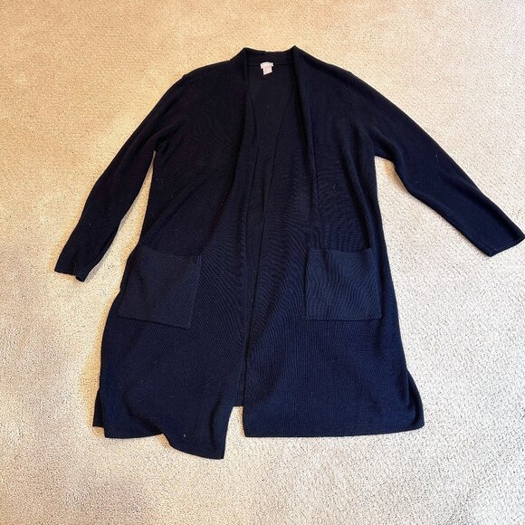 Chicos Cardigan Sweater Knit Jacket Open Long Line Black Patch Pocket Minimal XL - Picture 1 of 10